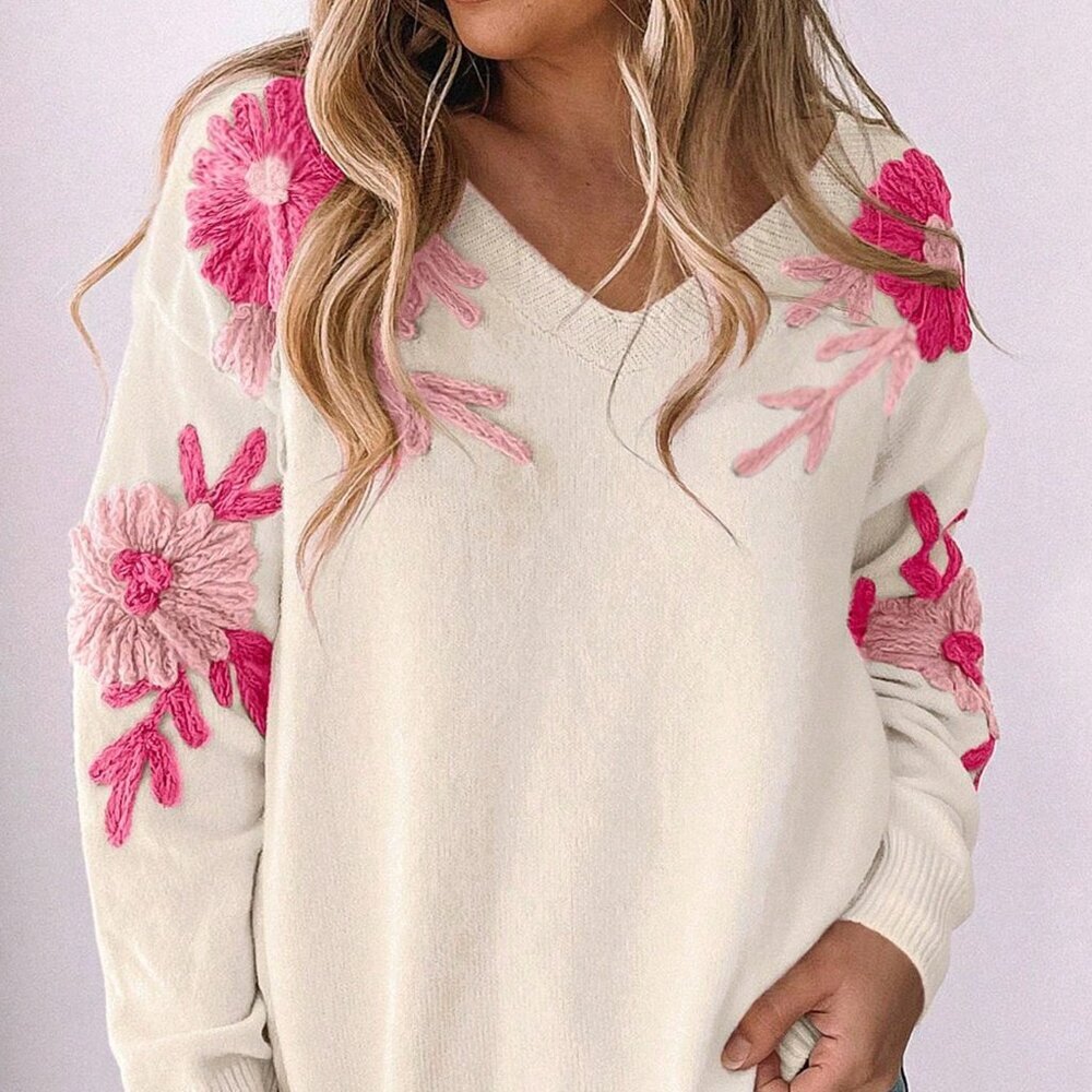Apricot Casual Women's Floral Crochet V-Neck Sweater - Picture 2 of 3